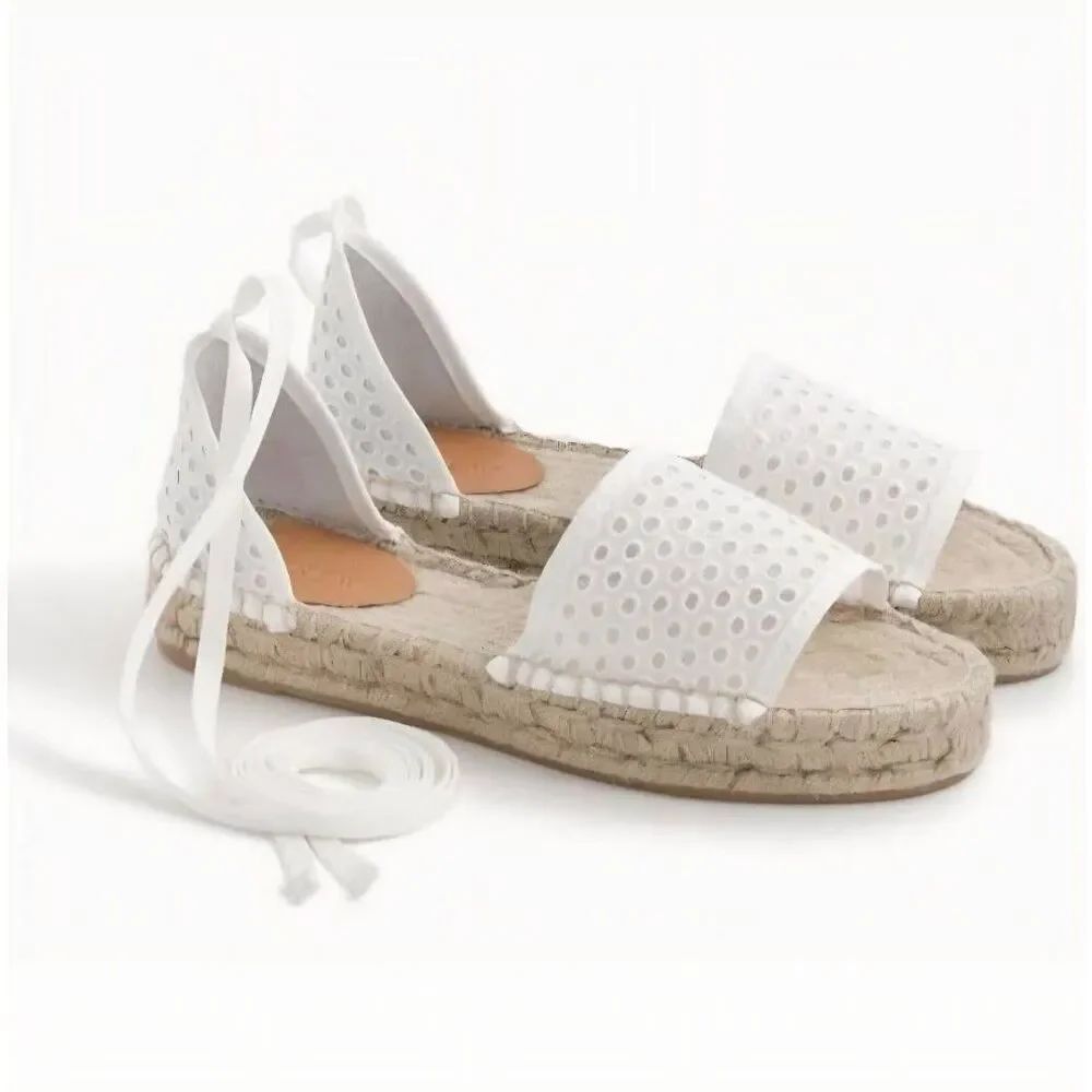J. Crew Sandals Women's 8 White Eyelet Tie Lace Up Espadrille Flatform Summer